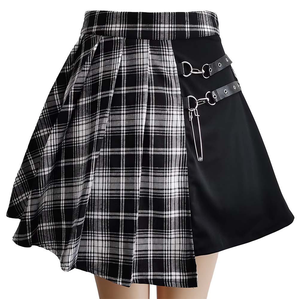 Demi jupe écossaise noire et blanche en tissu tartan avec partie unie noire et deux boucles métalliques sur le côté