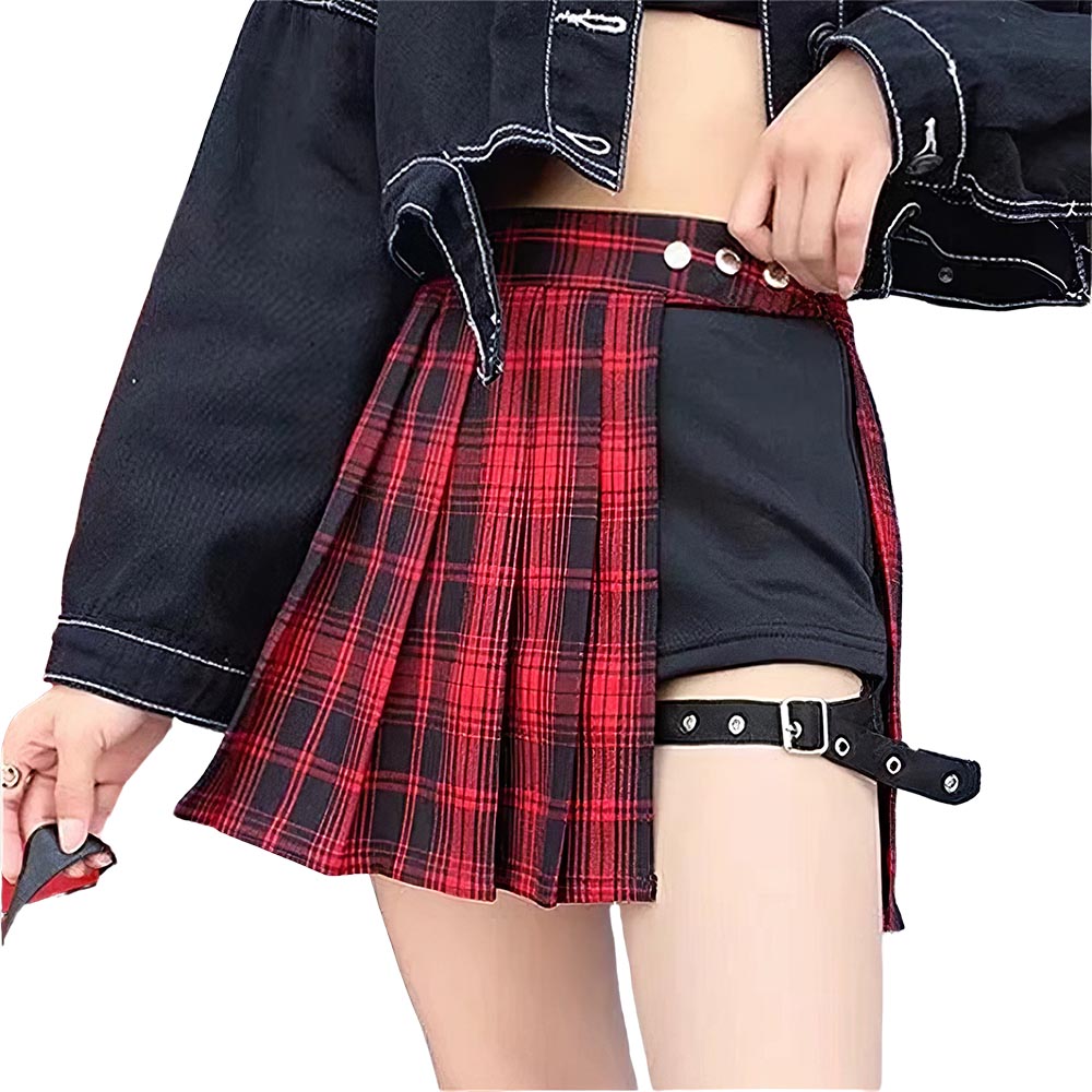 Demi jupe écossaise rouge et noire en tissu tartan avec partie unie noire et sangle à boucle sur la cuisse