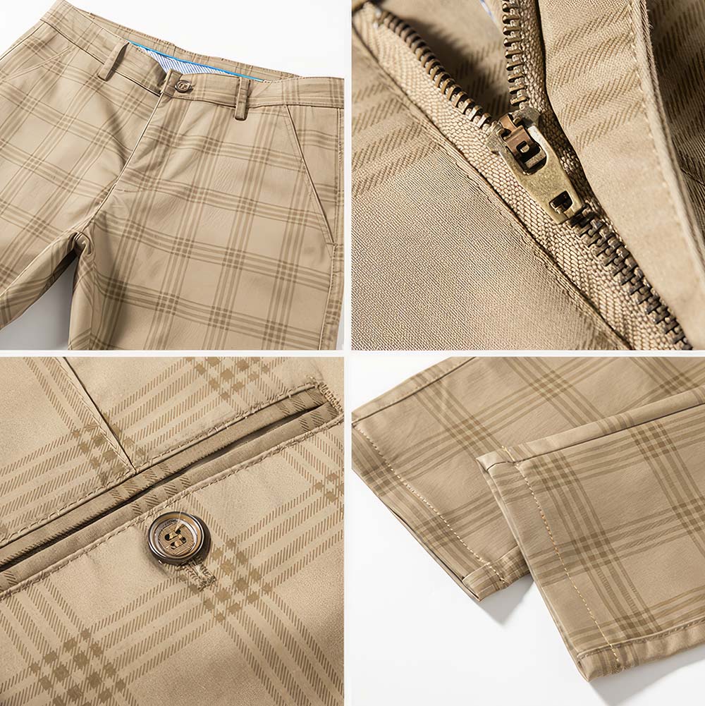 Détails du pantalon écossais long beige homme avec motif tartan, fermeture éclair métal, bouton marron et ourlets soignés