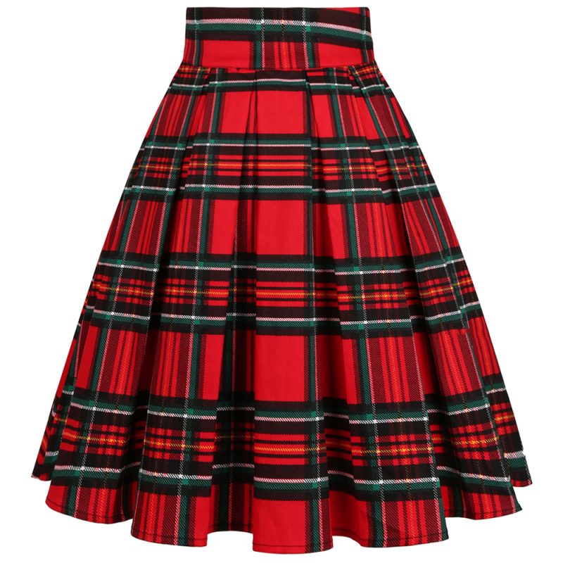 Jupe longue rouge en tissu tartan écossais à plis larges