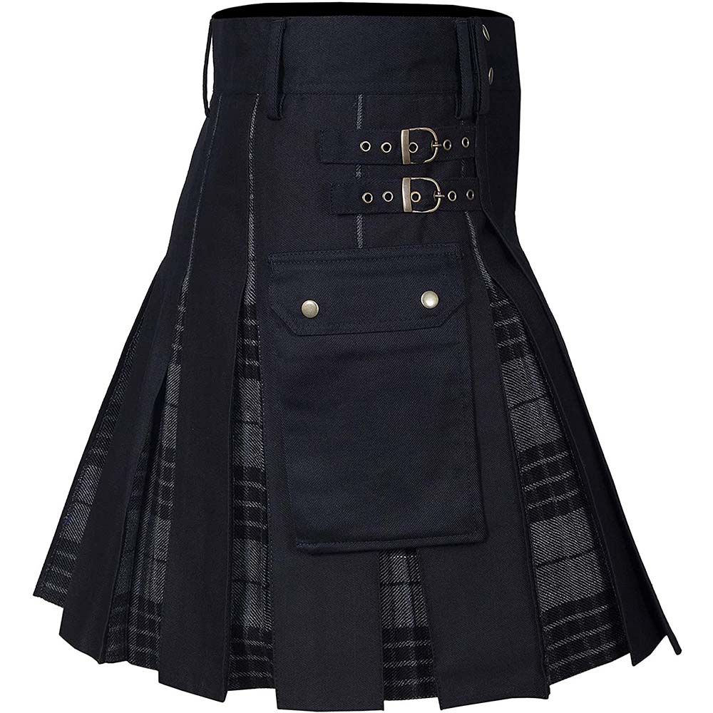 Kilt écossais bicolore noir et gris en tissu avec motifs tartan, poche frontale à rabat et double boucle métallique sur la ceinture