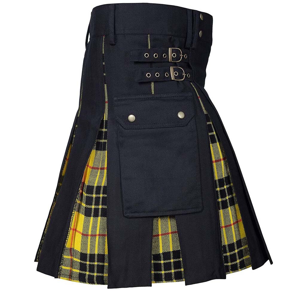 Kilt écossais bicolore en tissu noir avec plis en tartan jaune et noir, poche latérale à rabat et double boucle métallique