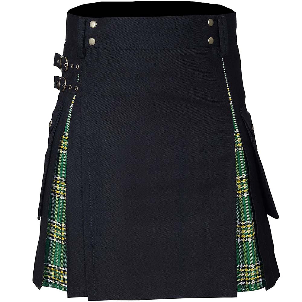 Kilt écossais bicolore avec panneau avant noir et plis tartan vert à carreaux jaunes et blancs, style traditionnel avec boucles latérales