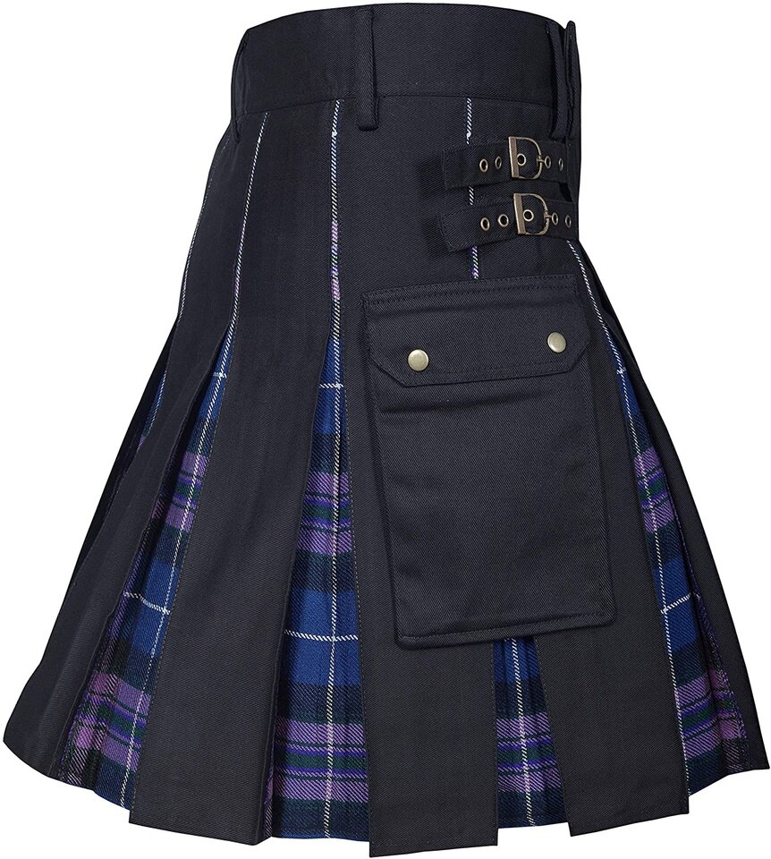 Kilt écossais bicolore avec plis noirs et tartan bleu et violet, poche latérale à rabat avec boutons pression et double boucle en métal sur la ceinture