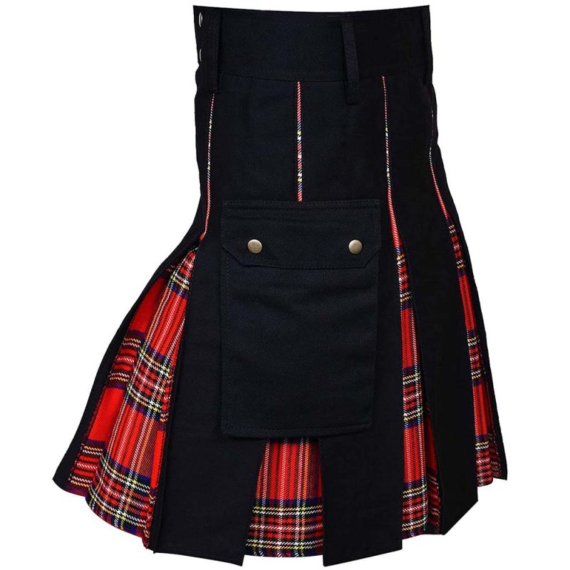Kilt écossais bicolore avec plis rouges à motif tartan et panneau avant noir avec poche à rabat et boutons métalliques