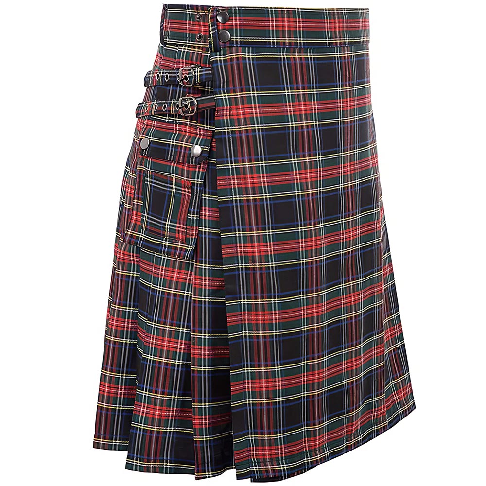 Kilt écossais en tartan rouge et noir avec sangle à doubles boucles en métal, plié sur le côté