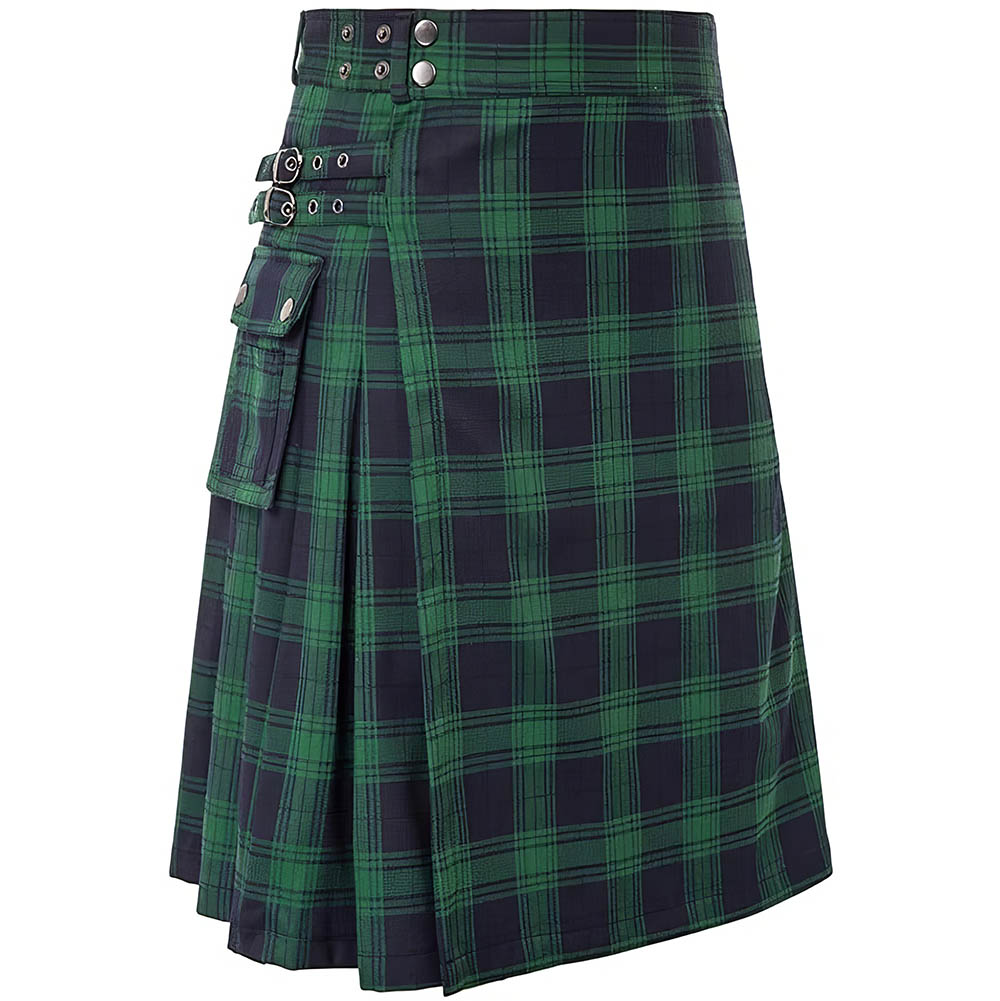 Kilt écossais en tartan vert et noir avec sangle à doubles boucles et poche latérale