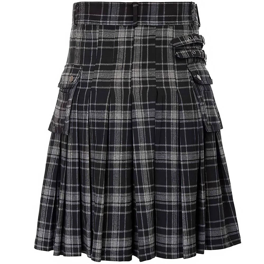 Kilt écossais homme traditionnel en tartan noir et gris avec poches latérales à rabat
