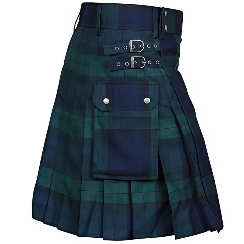 Kilt écossais vert et bleu à carreaux avec poche à rabat et double boucle en métal sur la ceinture