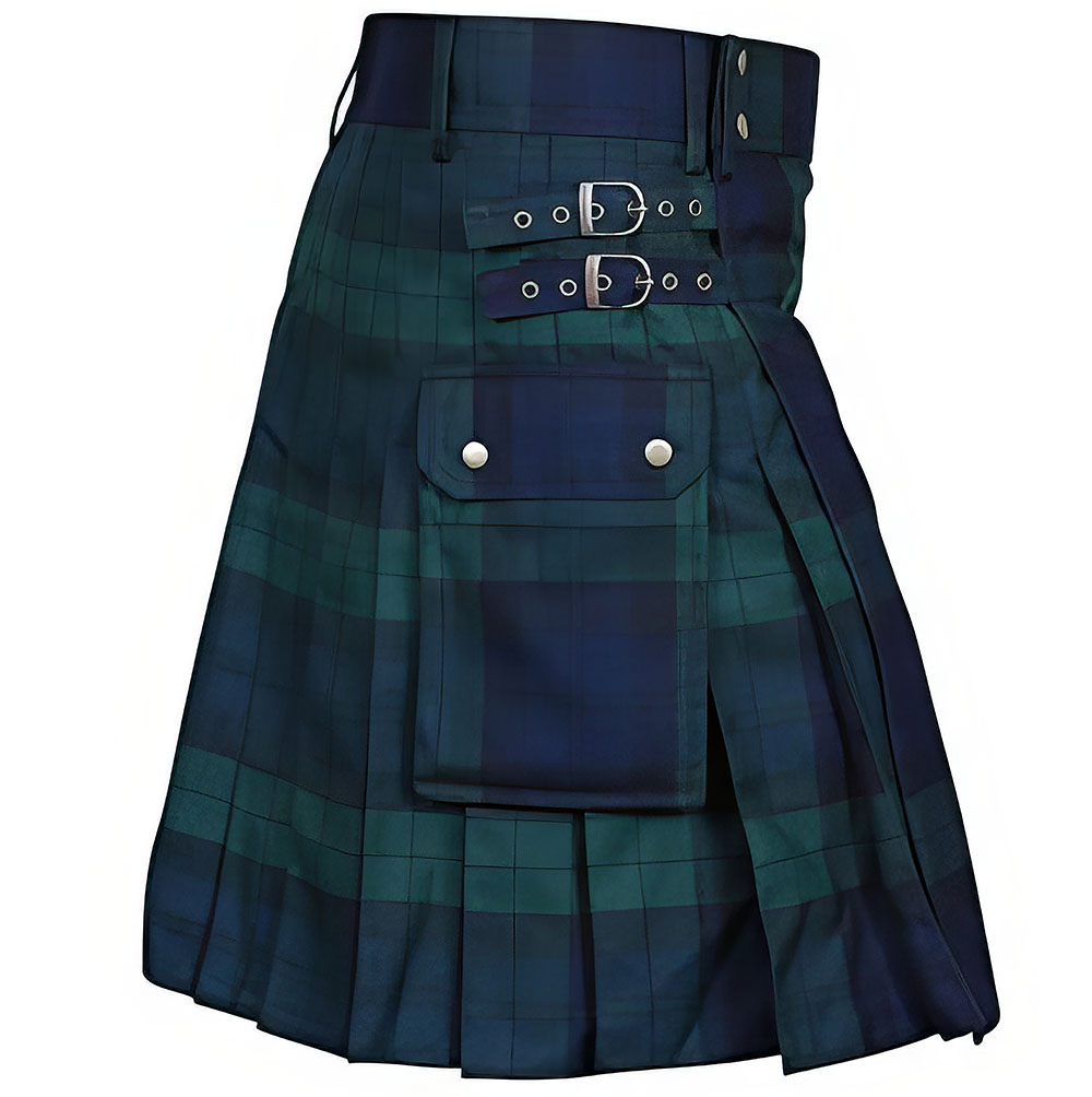 Kilt écossais vert et bleu à carreaux avec poche à rabat et double boucle en métal sur la ceinture