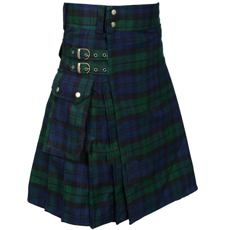 Kilt écossais vert et bleu en tissu tartan avec poches à rabat et double boucle métallique sur la taille