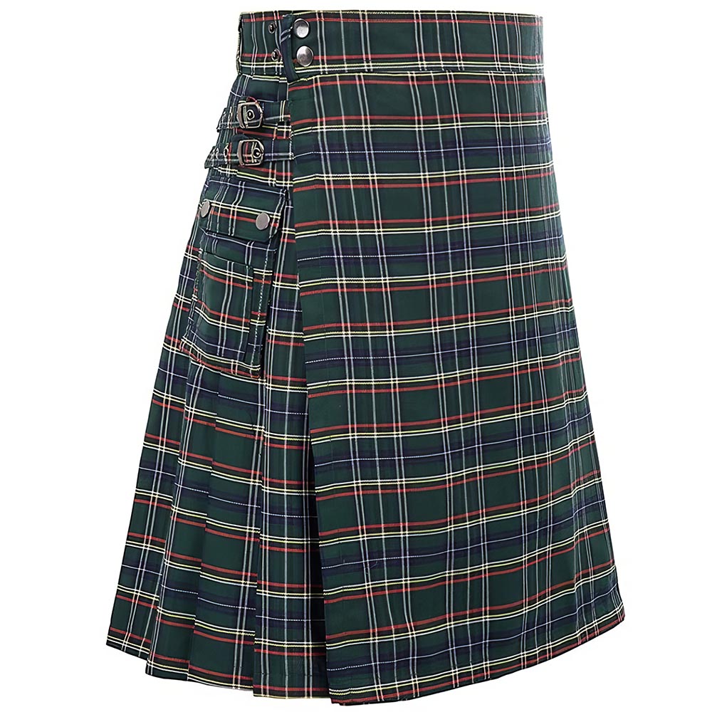 Kilt écossais en tartan vert avec sangle à doubles boucles métalliques sur le côté
