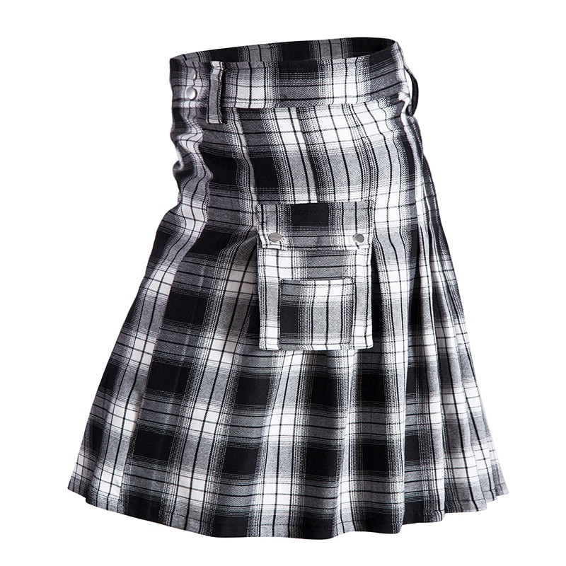 Kilt écossais vintage à poches en tissu tartan noir et blanc avec motif à carreaux