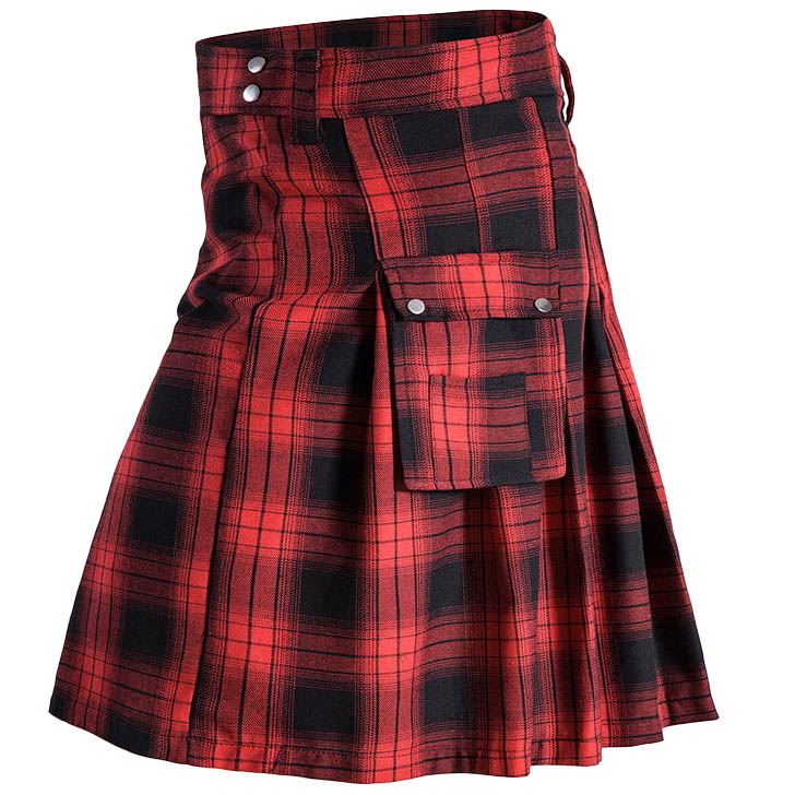 Kilt écossais vintage à poches en tissu tartan rouge et noir avec fermeture à boutons métalliques