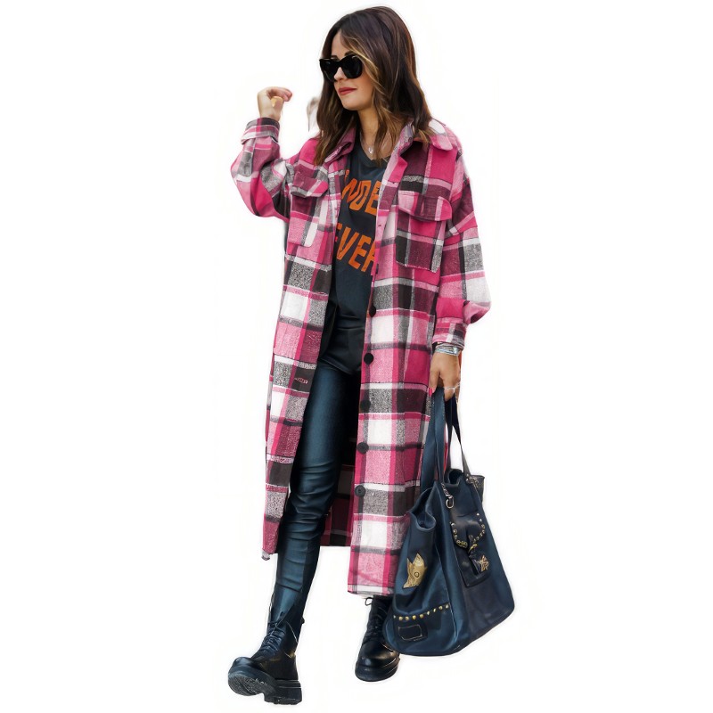Manteau écossais long femme rose à carreaux tartan avec poches poitrine et manches longues