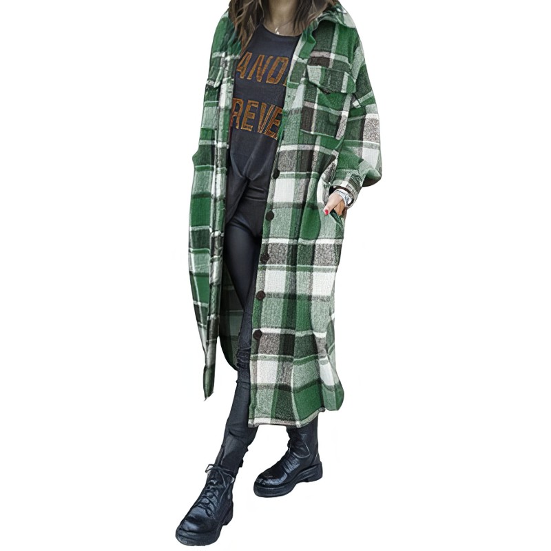 Manteau écossais vert long à carreaux blancs, porté avec poches latérales et coupe droite