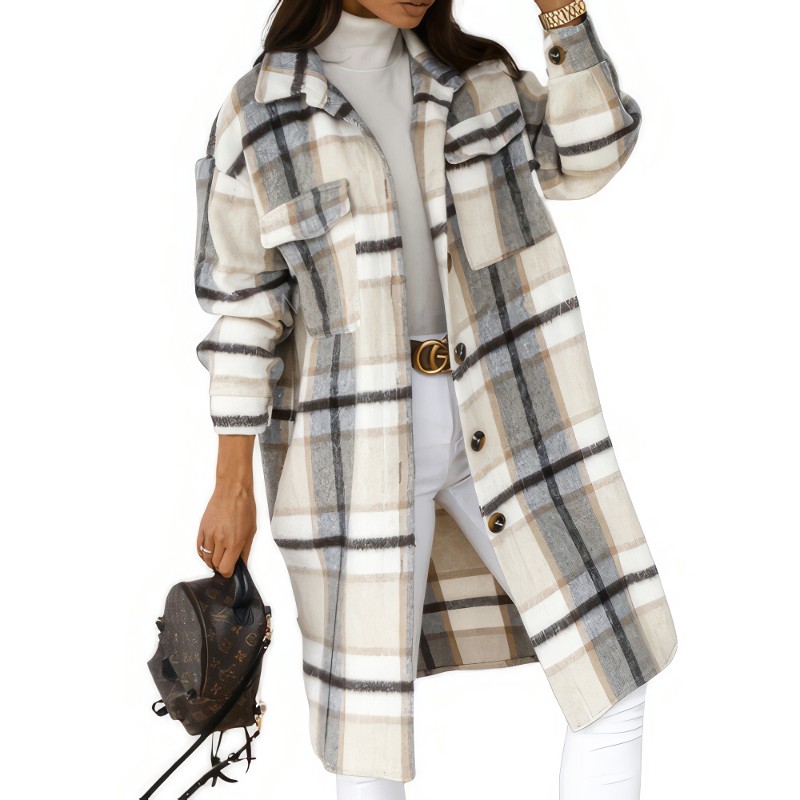 Manteau long femme en laine à motif tartan écossais beige, blanc et gris avec poches poitrine et boutons sur le devant