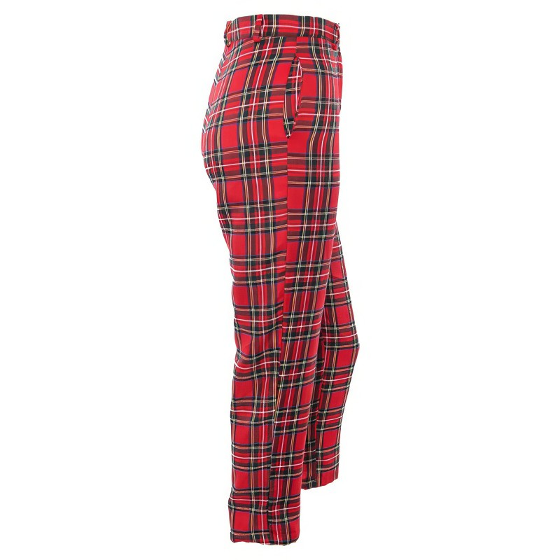 Pantalon femme en tissu tartan rouge à carreaux écossais, vue de profil montrant la coupe droite
