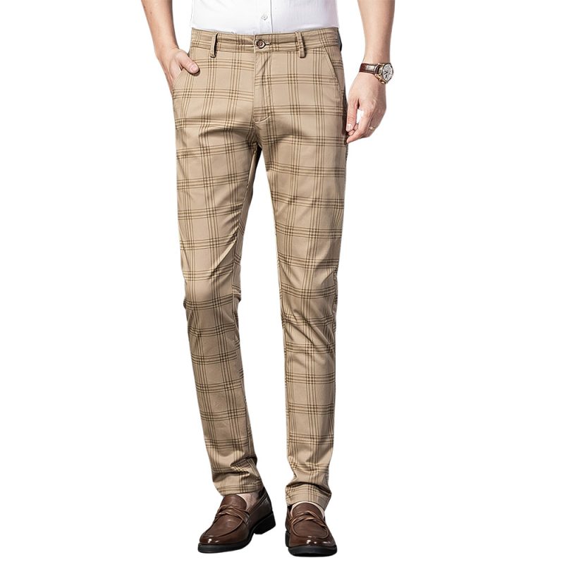 Pantalon écossais long beige homme avec motif tartan élégant et coupe ajustée