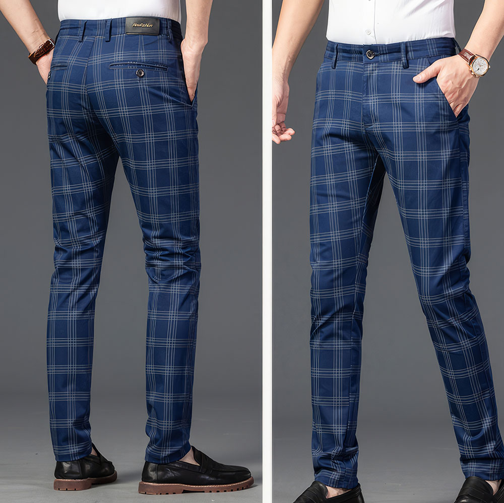 Pantalon écossais bleu à carreaux en tissu tartan, vue avant et arrière, coupe ajustée