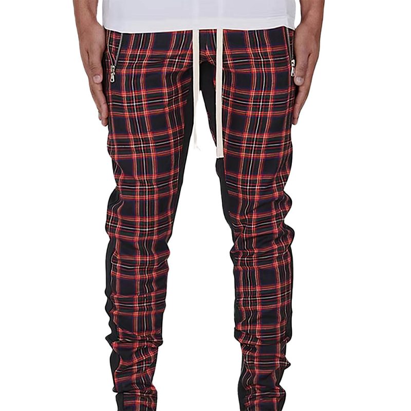 Pantalon écossais homme punk en tissu tartan rouge et noir avec coupe ajustée