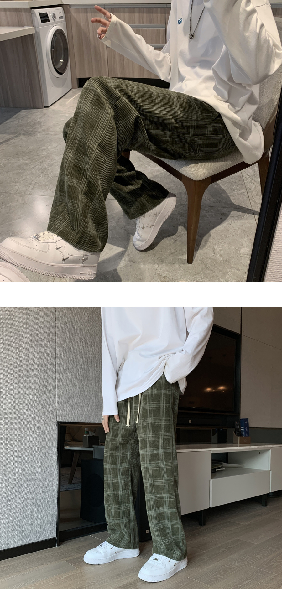 Pantalon écossais large femme vert en tissu tartan, vue assise sur une chaise montrant la coupe ample et le motif écossais classique
