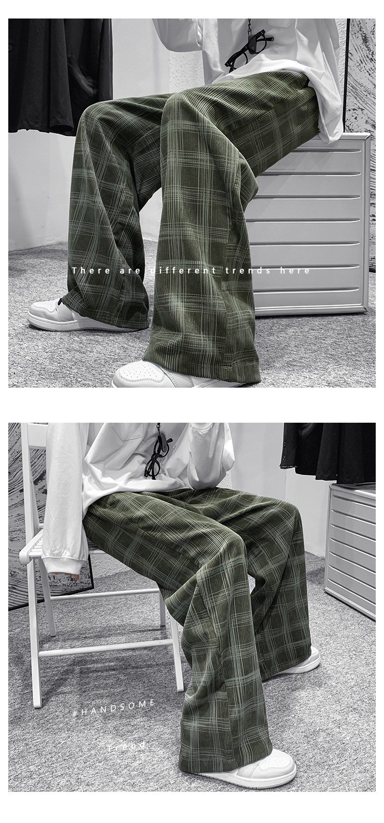 Pantalon écossais large femme vert en tissu tartan, vue de côté et de face, style casual chic