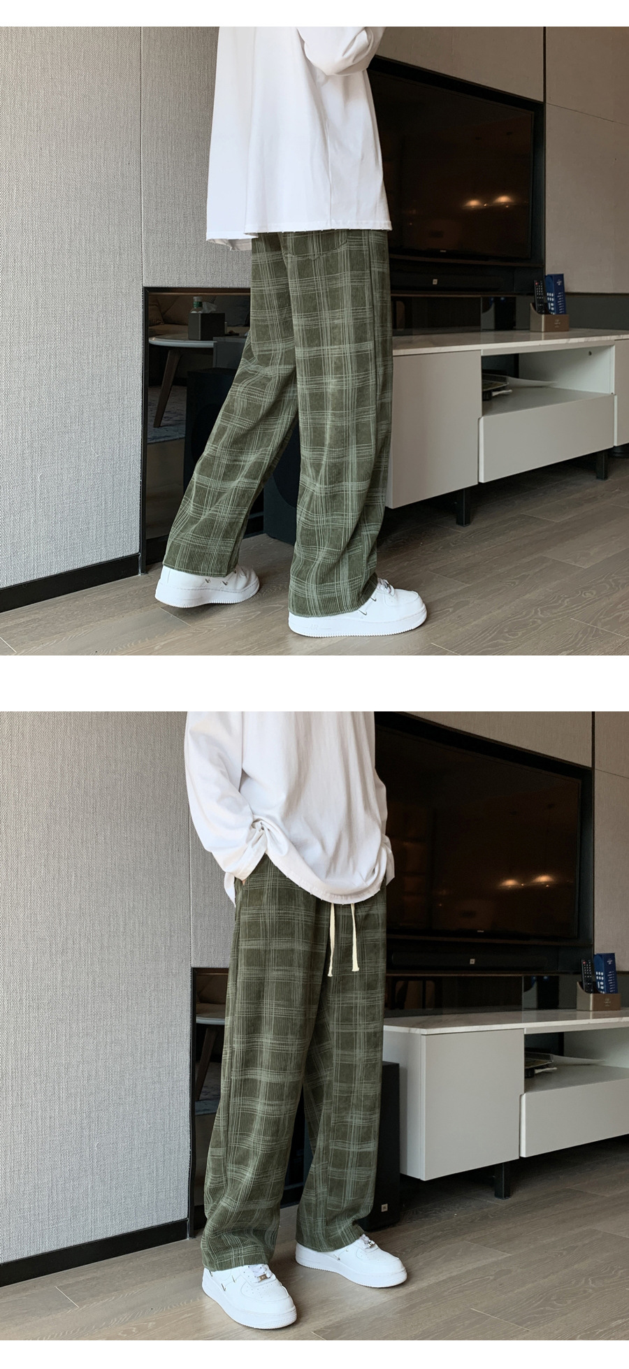 Pantalon écossais large femme vert à carreaux tartan, vue côté et dos, style casual chic