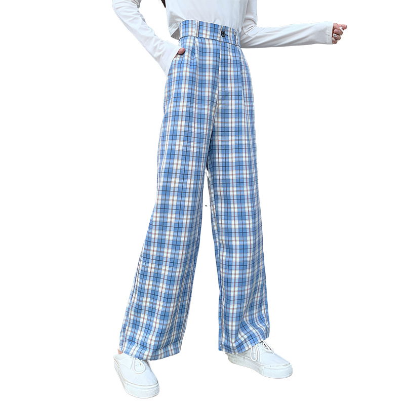 Pantalon écossais long bleu femme à motif tartan avec taille haute et coupe large