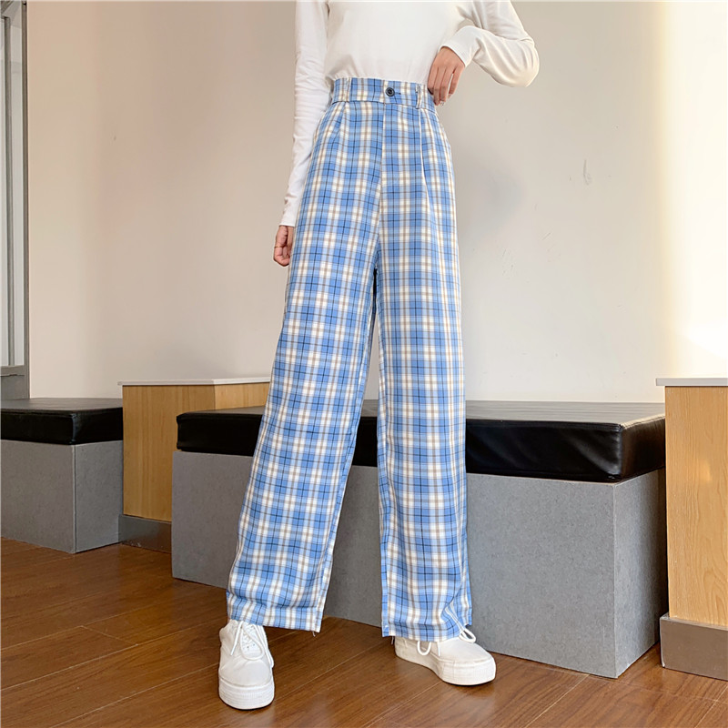 Pantalon écossais long bleu femme avec motif tartan bleu clair et blanc, coupe droite et taille haute