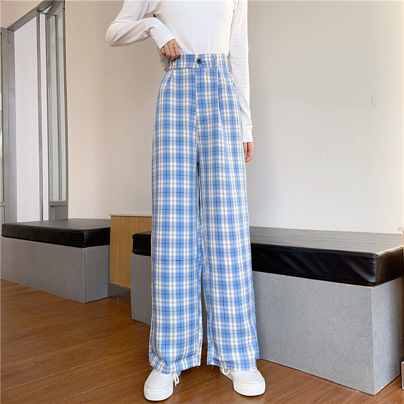 Pantalon écossais long bleu femme à motif tartan avec taille haute et coupe large