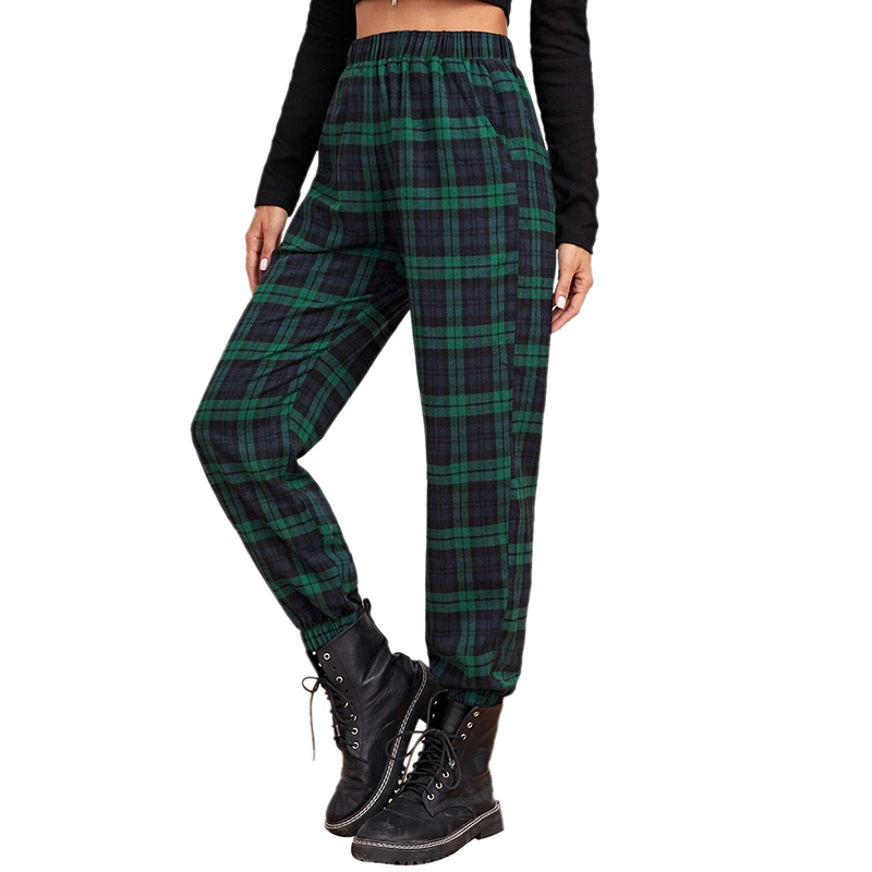 Pantalon écossais long femme en tissu bleu et vert à motif tartan avec taille élastique et poches latérales