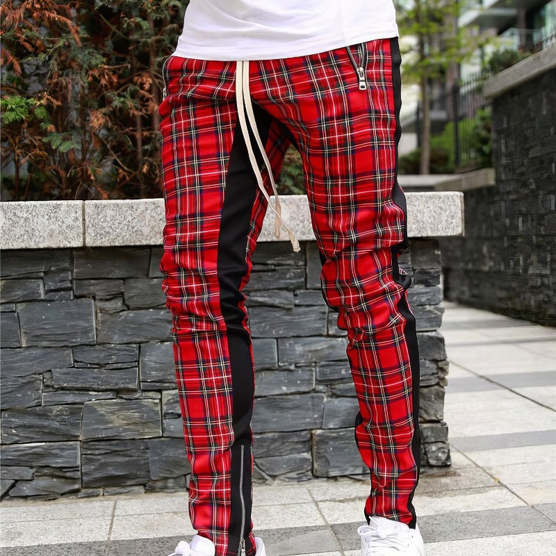Pantalon écossais slim homme rouge à motif tartan avec bande noire latérale et cordon de serrage