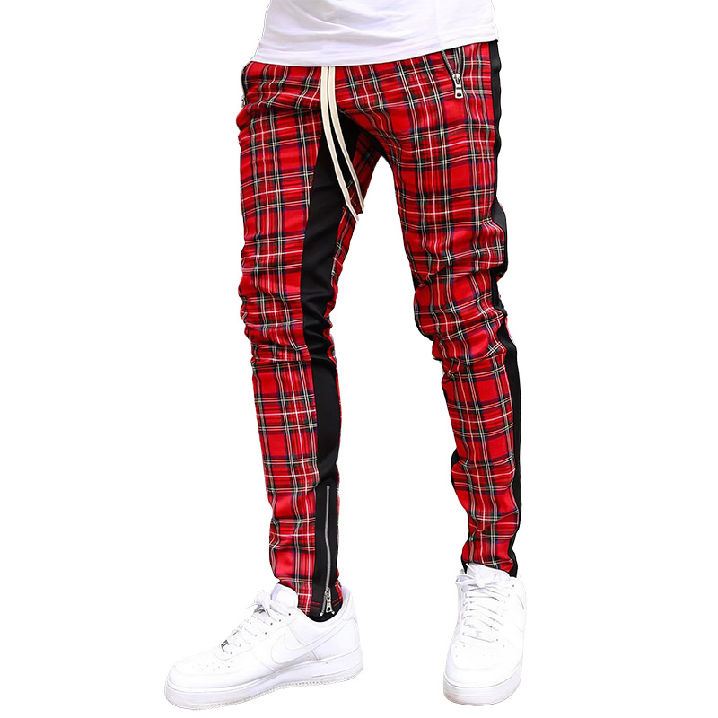 Pantalon slim homme rouge à motif écossais tartan avec bande noire latérale et cordon de serrage
