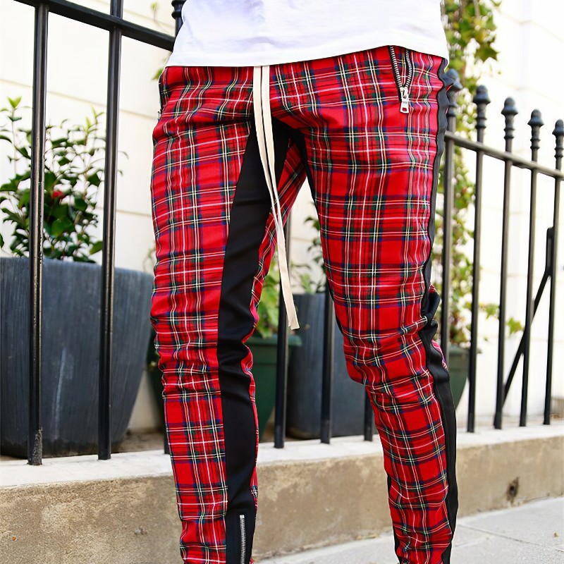 Pantalon écossais slim homme rouge avec motif tartan et bandes noires latérales