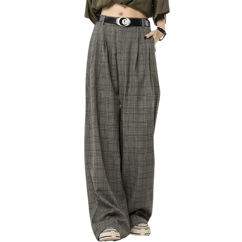 Pantalon femme gris à motif tartan en tissu léger avec coupe large et taille haute ceinturée