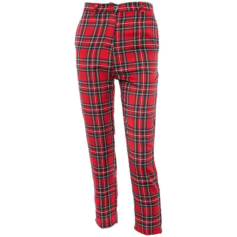 Pantalon femme en tissu tartan écossais rouge à carreaux, coupe droite avec ceinture et fermeture bouton