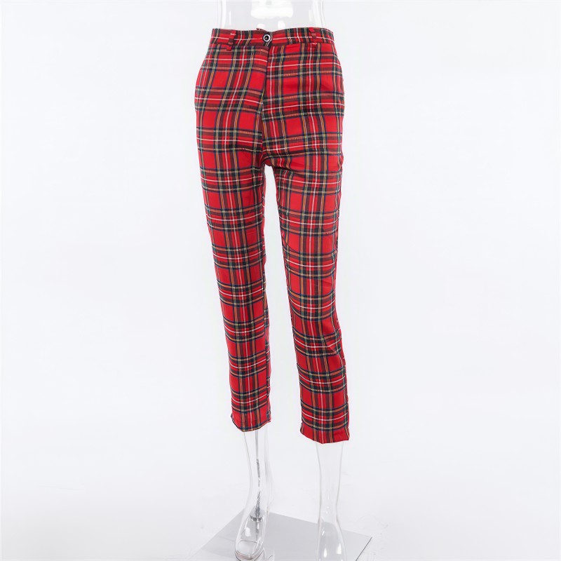 Pantalon femme en tissu tartan rouge à carreaux écossais, coupe droite avec taille haute et poches latérales visibles
