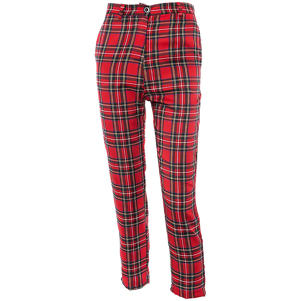 Pantalon femme en tissu tartan écossais rouge à carreaux, coupe droite avec ceinture et fermeture bouton