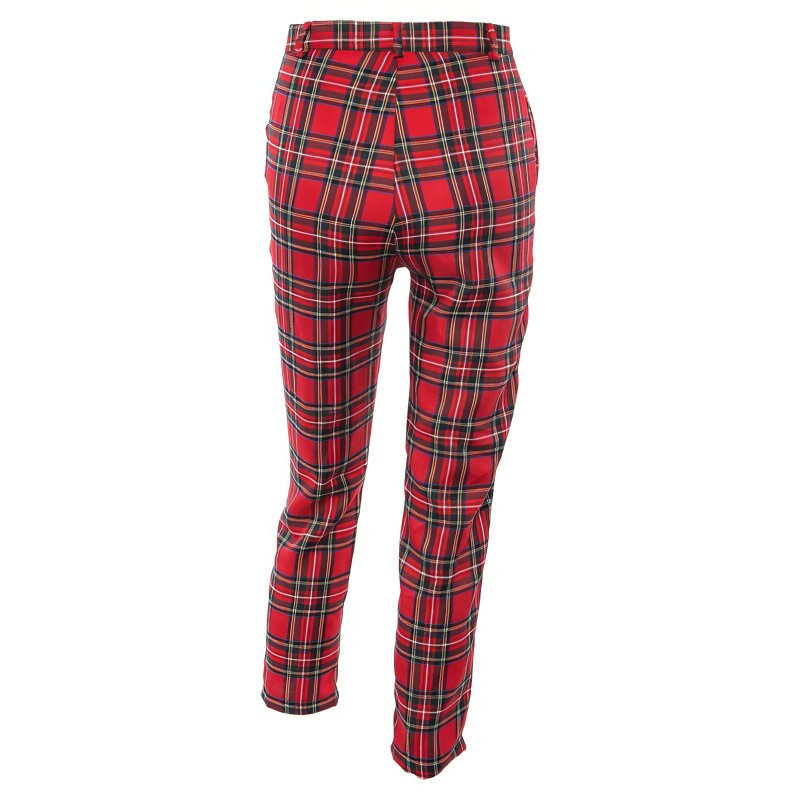 Pantalon femme en tissu tartan rouge à carreaux écossais, vue arrière