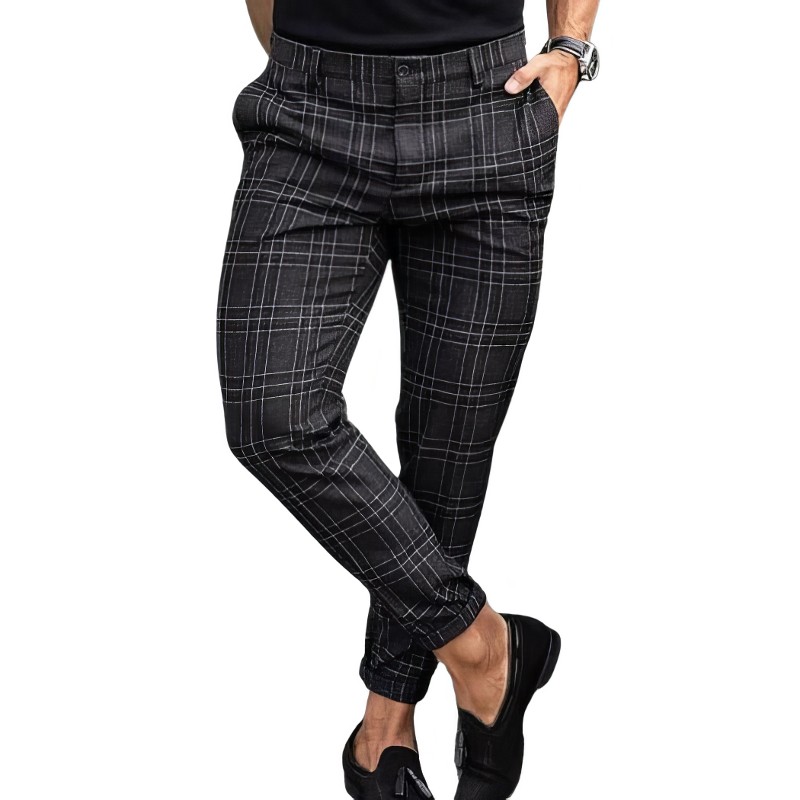Pantalon homme en tissu noir à motif tartan gris, coupe ajustée avec poches latérales