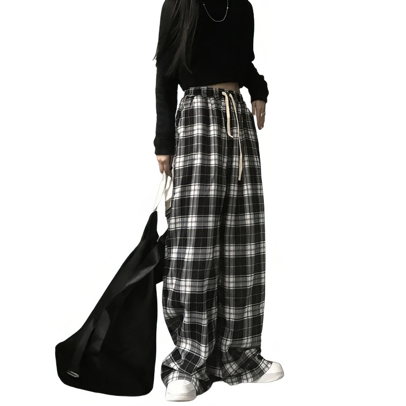 Pantalon large femme à carreaux écossais noir et blanc en tissu léger avec taille élastique et cordon