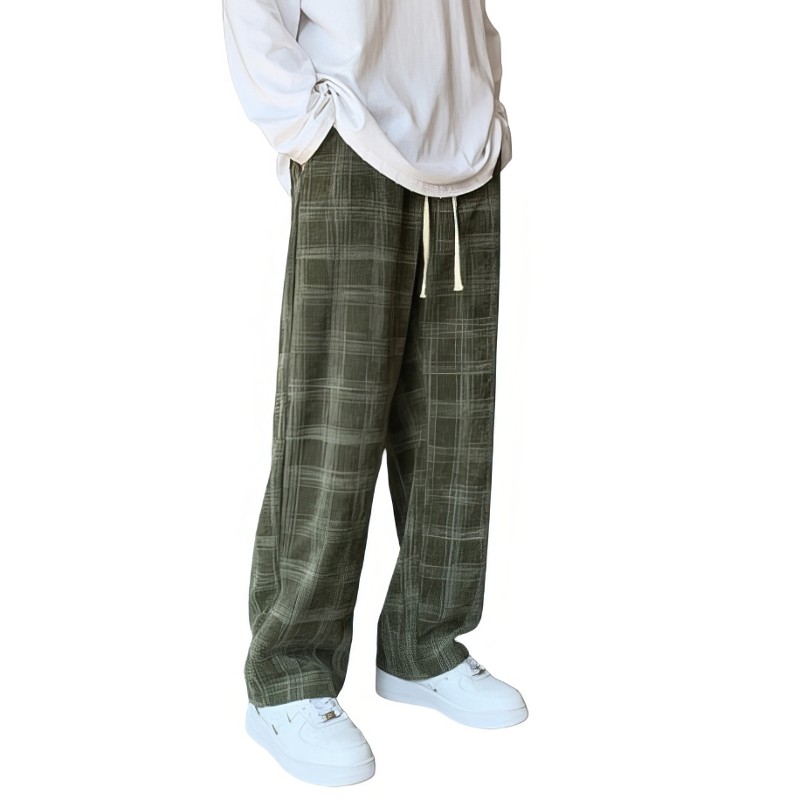 Pantalon large femme vert à motif écossais en tissu doux, coupe décontractée avec cordon de serrage à la taille