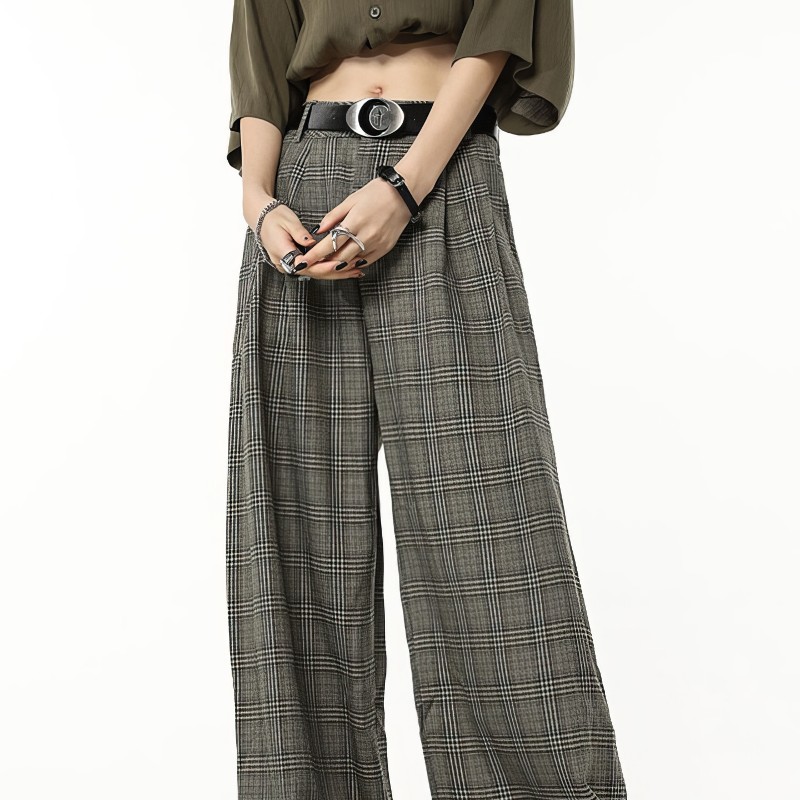 Pantalon tartan femme gris coupe large avec ceinture noire et boucle ronde