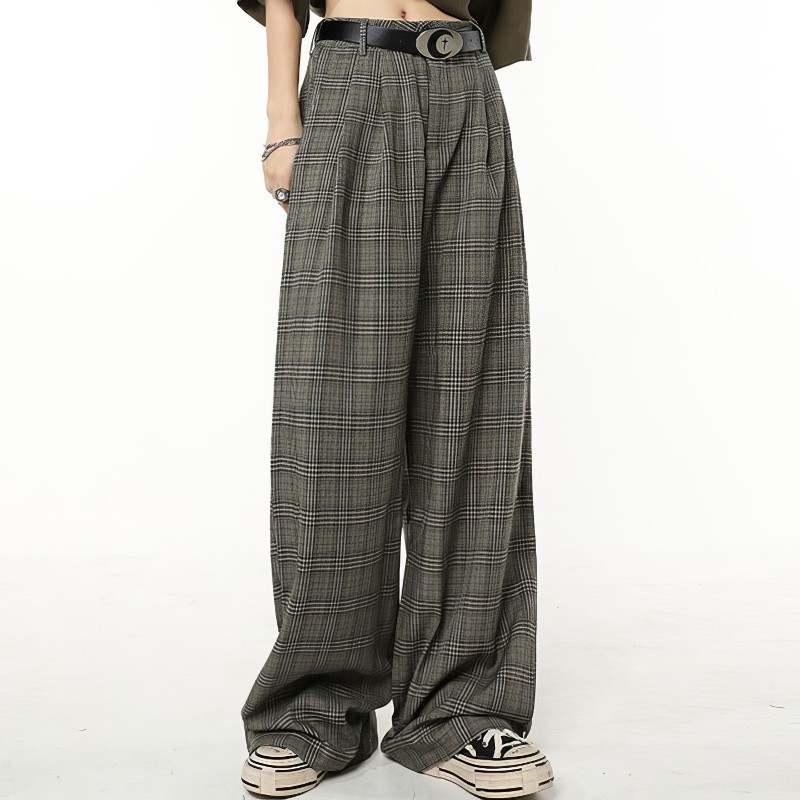 Pantalon tartan femme gris coupe large avec ceinture noire et boucle ronde