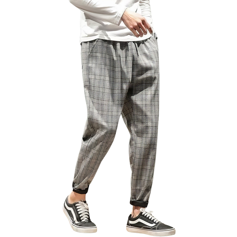 Pantalon tartan gris homme coupe décontractée avec motif écossais, taille élastique et bas resserré