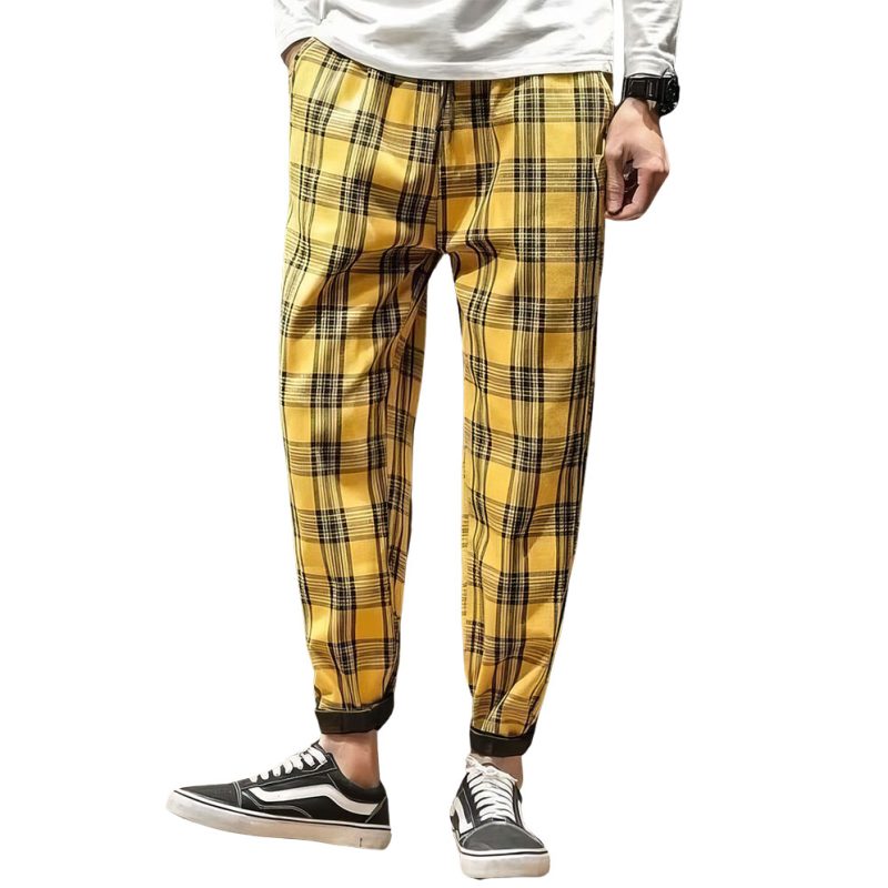 Pantalon tartan jaune à carreaux pour homme avec coupe ajustée et bas resserré