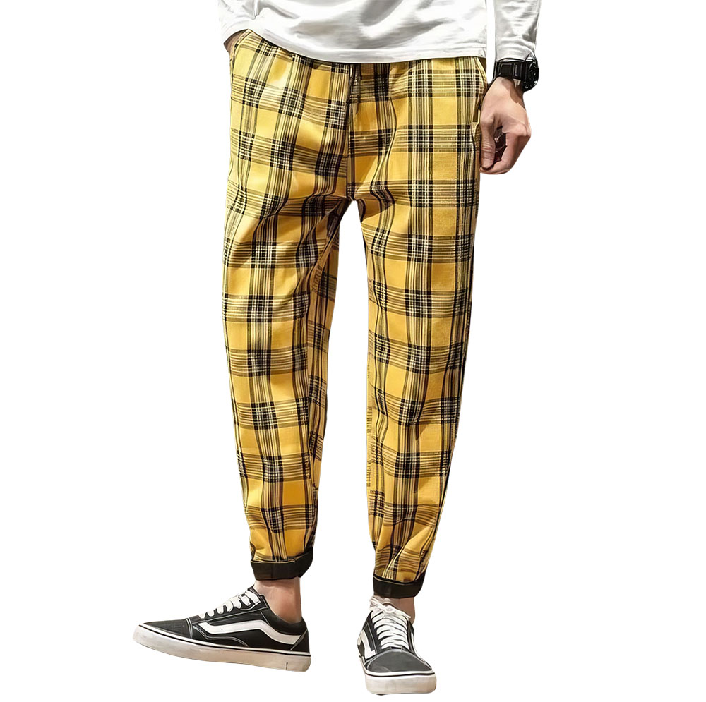 Pantalon tartan jaune à carreaux pour homme avec coupe ajustée et bas resserré