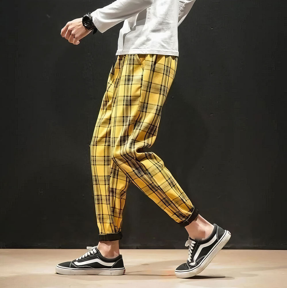 Pantalon tartan jaune à carreaux homme coupe jogger avec poignets élastiques