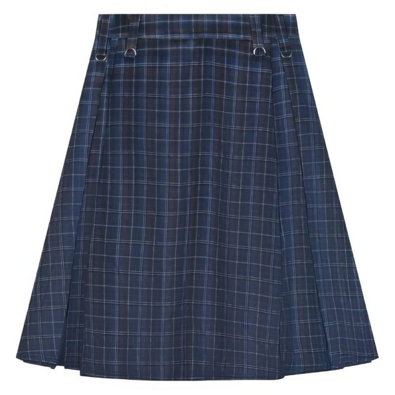 Jupe écossaise longue en tissu tartan bleu et noir avec motif à carreaux, coupe droite avec plis et boutons décoratifs sur la ceinture